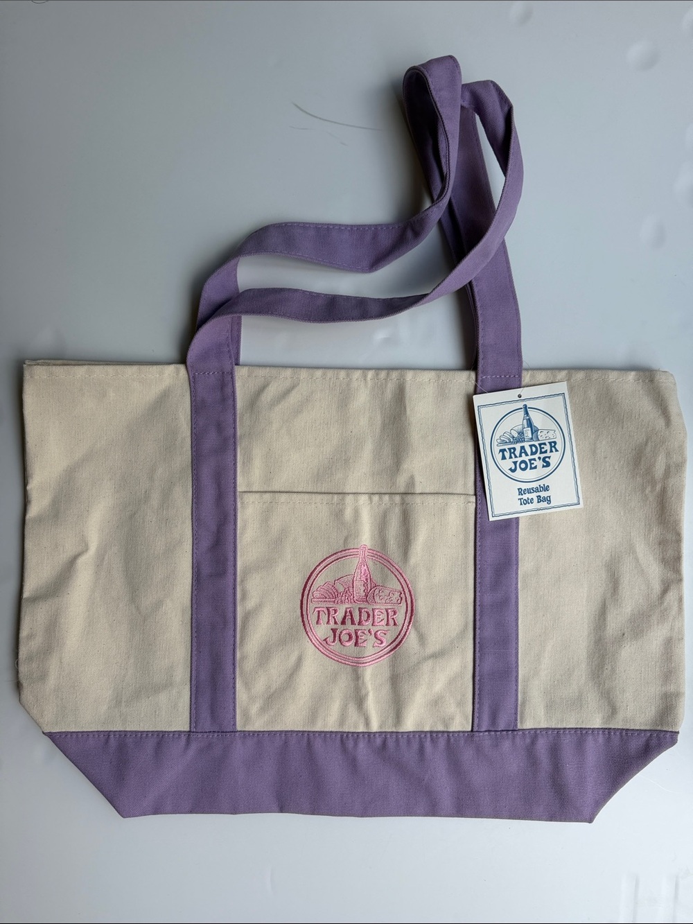 Trader Joe’s Canvas Large and Mini Tote Bag Set- Cream with Lavender Handles - Picture 3 of 7